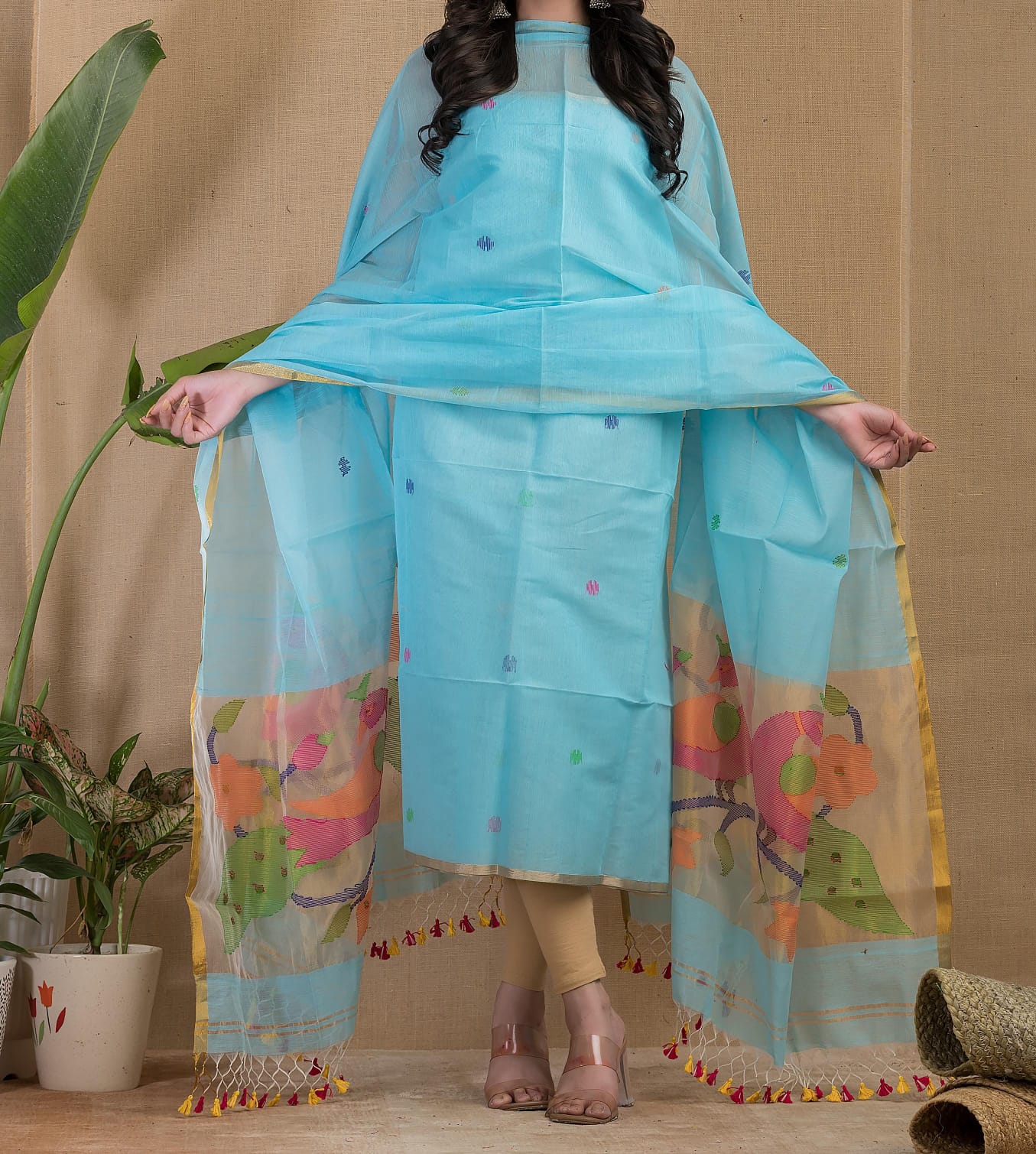 Presenting Authentic Handloom Resham Muslin Organza Fabric Completely Needle Jamdani Hand Work 2Pc Set With Pathani Inspired Designs