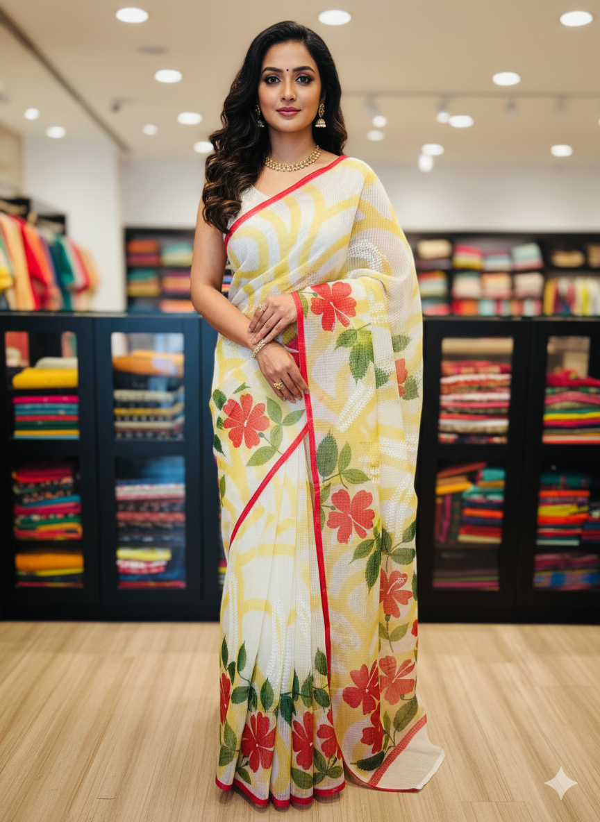 Kota Hand-Painted Sarees- Yellow with Red flower