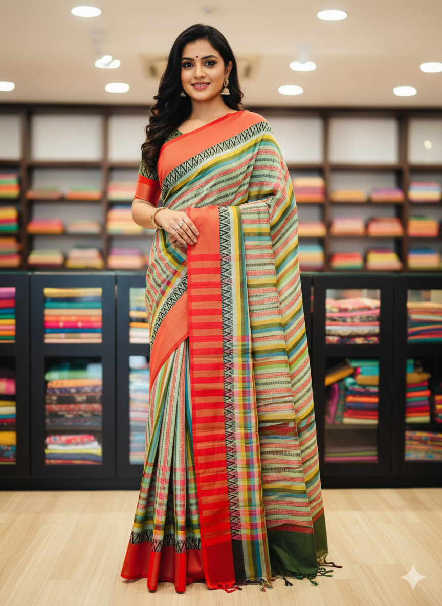 Pure Dhaniya Khali Cotton Sarees With Running Blouse