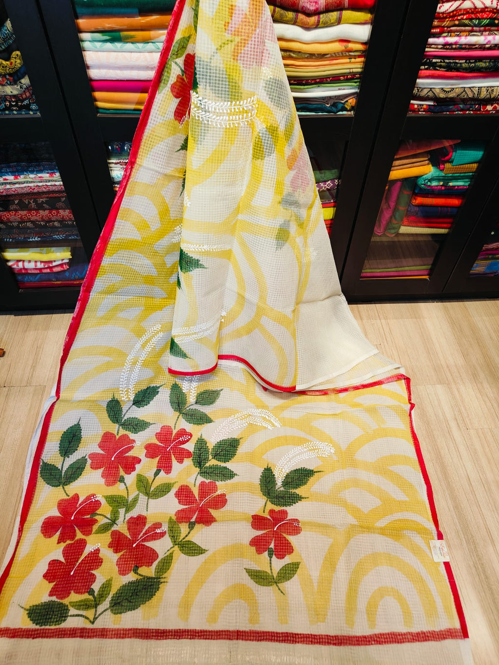 Kota Hand-Painted Sarees- Yellow with Red flower