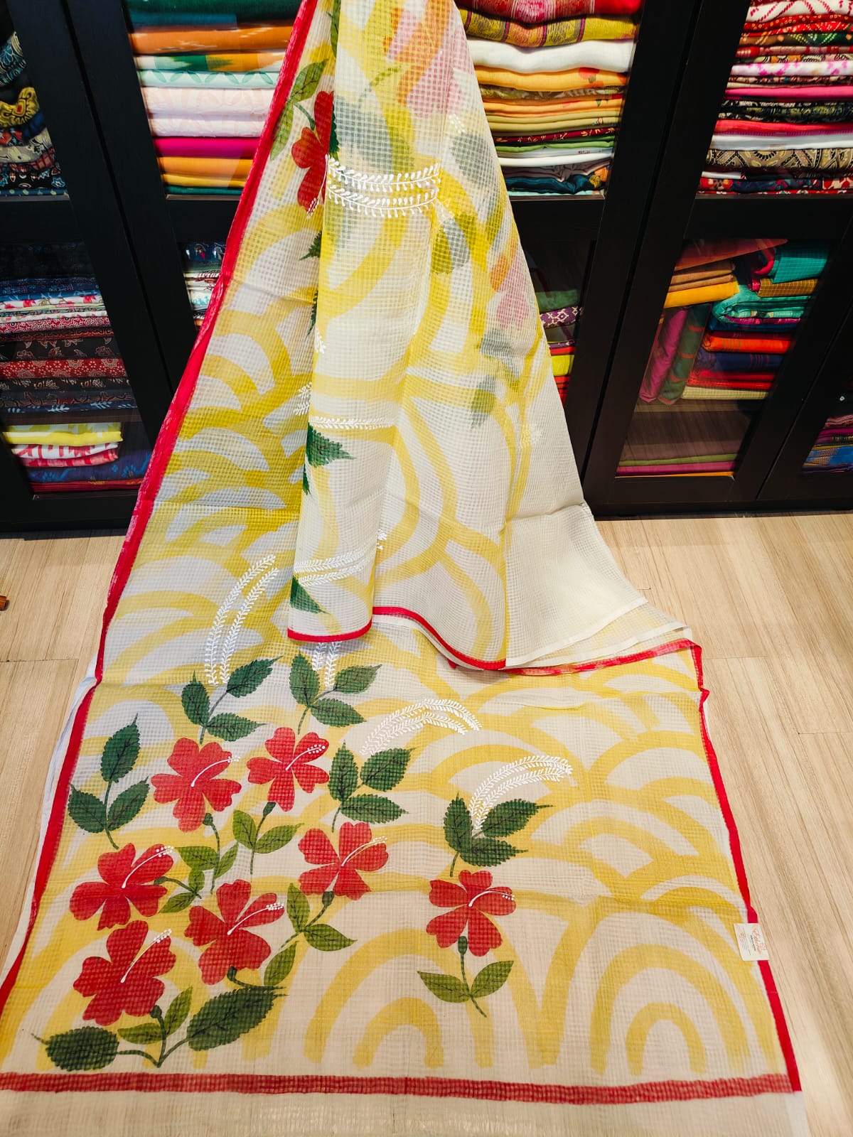 Kota Hand-Painted Sarees- Yellow with Red flower
