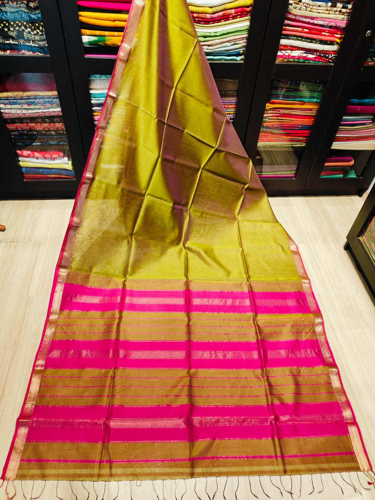 Maheshwari Silk Saree With Contrast Blouse