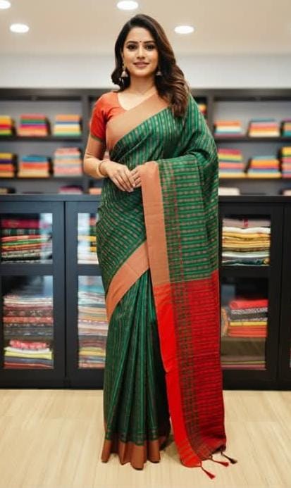 Pure Dhaniya Khali Cotton Sarees With Running Blouse