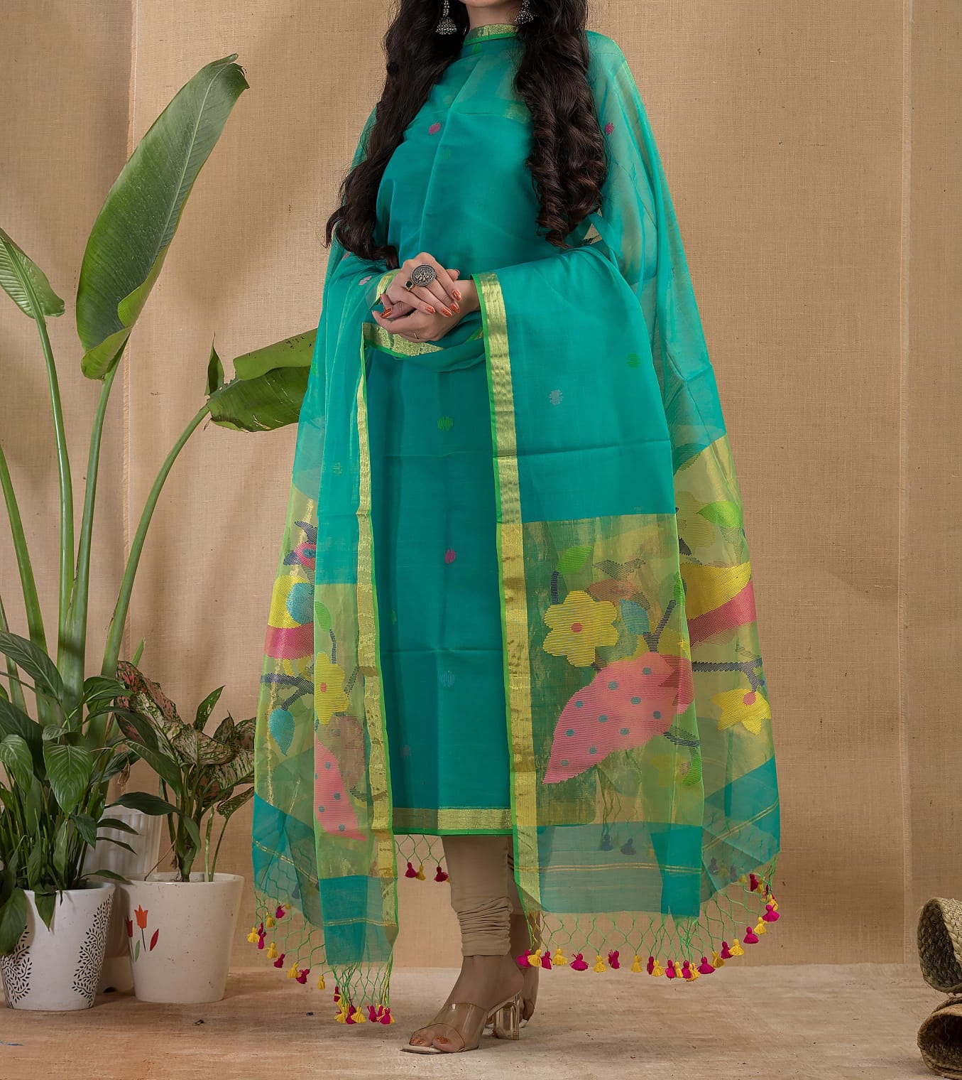 Presenting Authentic Handloom Resham Muslin Organza Fabric Completely Needle Jamdani Hand Work 2Pc Set  With  Pathani Inspired Designs