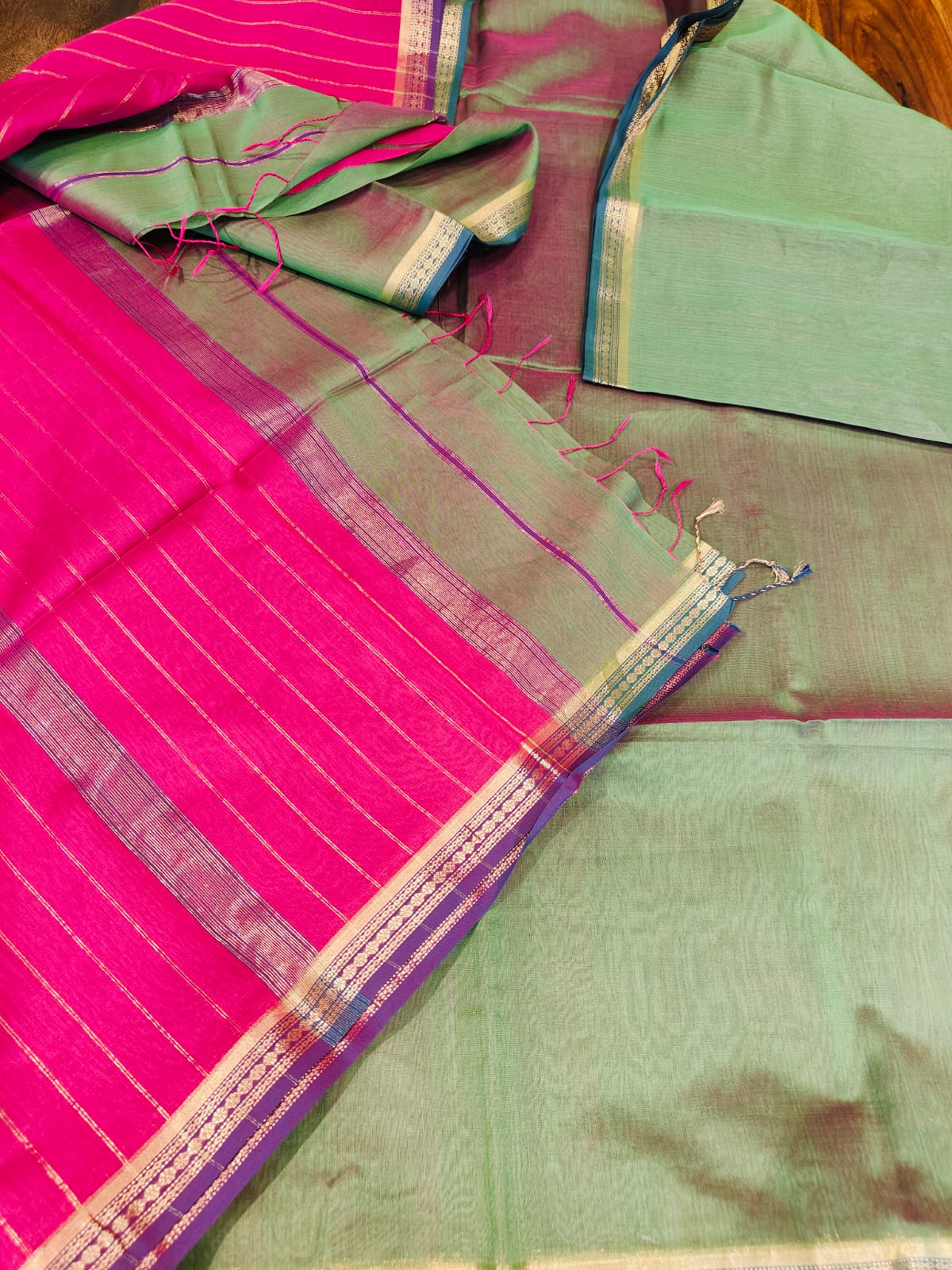 Maheshwari Silk Saree With Contrast Blouse