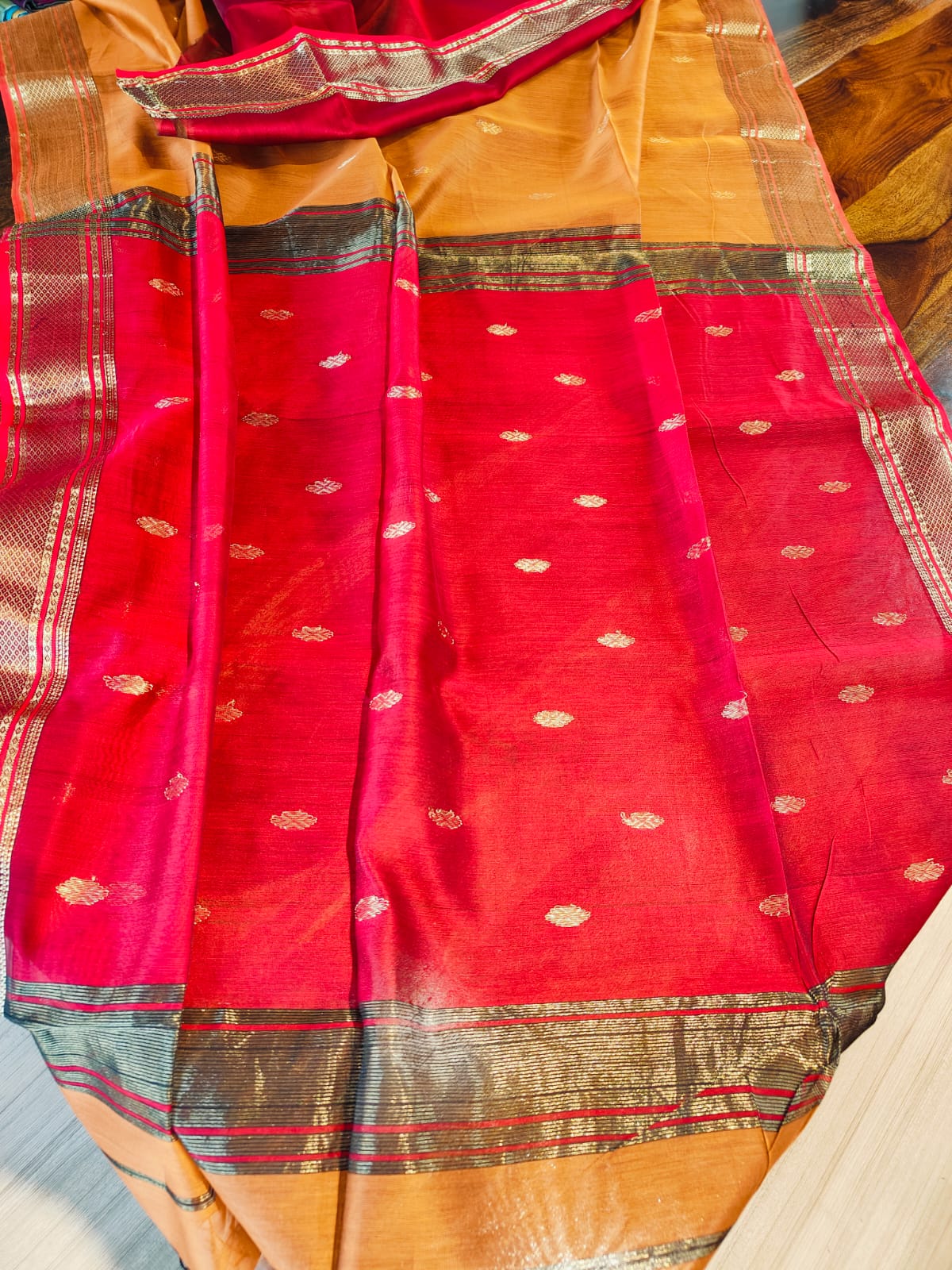 Maheshwari Silk Saree With Contrast Blouse